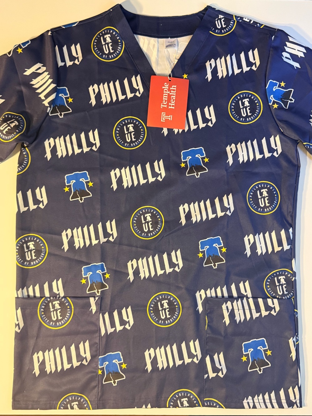 NWT Temple Health Phillies City Connect Print Short Sleeve Scrub Top